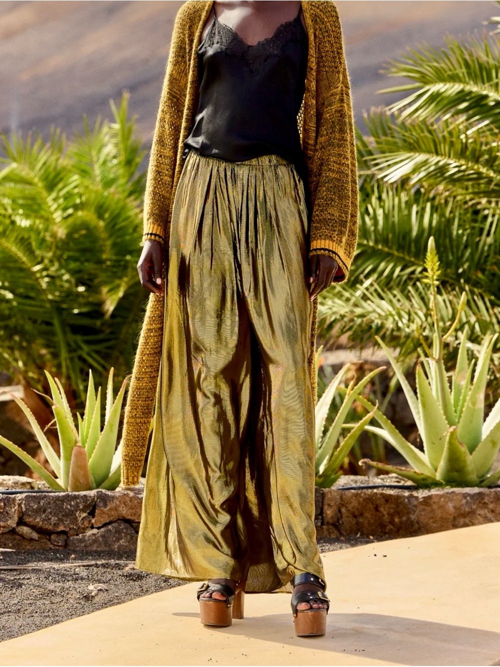 Mes Demoiselles Metallic Gold Wide-Leg Trousers